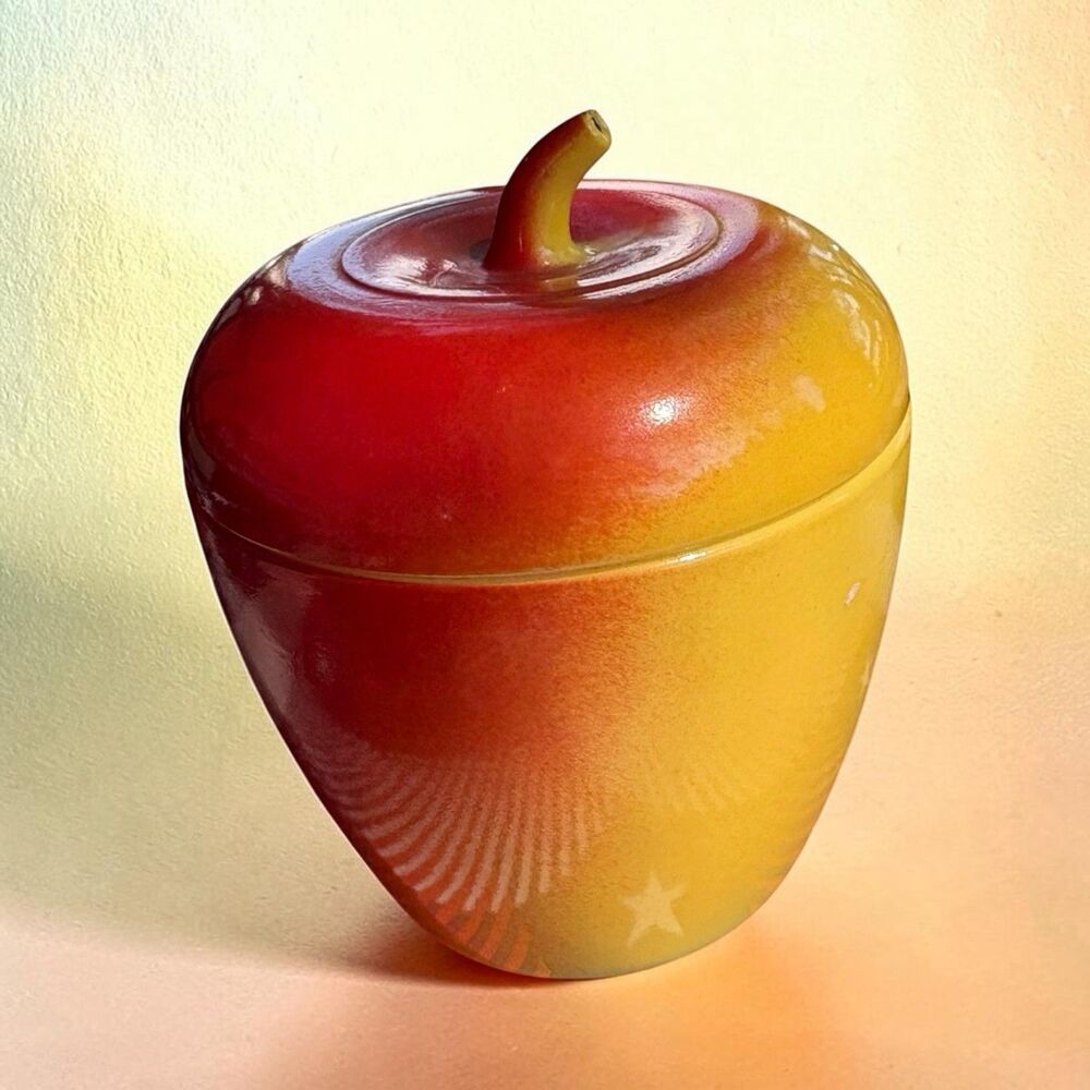 Hazel Atlas Milk Glass Red Yellow Apple Jar w/Lid, Jelly Jam Sugar Bowl VTG